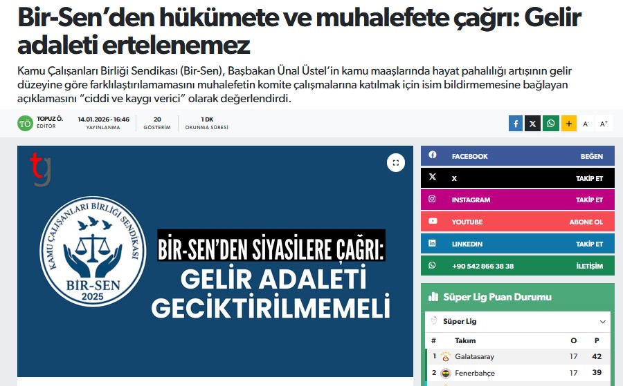Bir-Sen’den hükümete ve muhalefete çağrı: Gelir adaleti ertelenemez