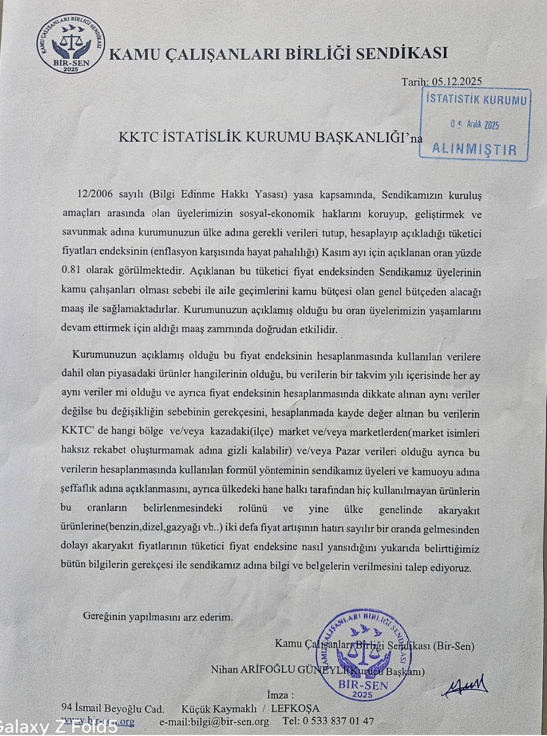 Sendikamızın İstatislik Kurumuna yaptığı dilekçe